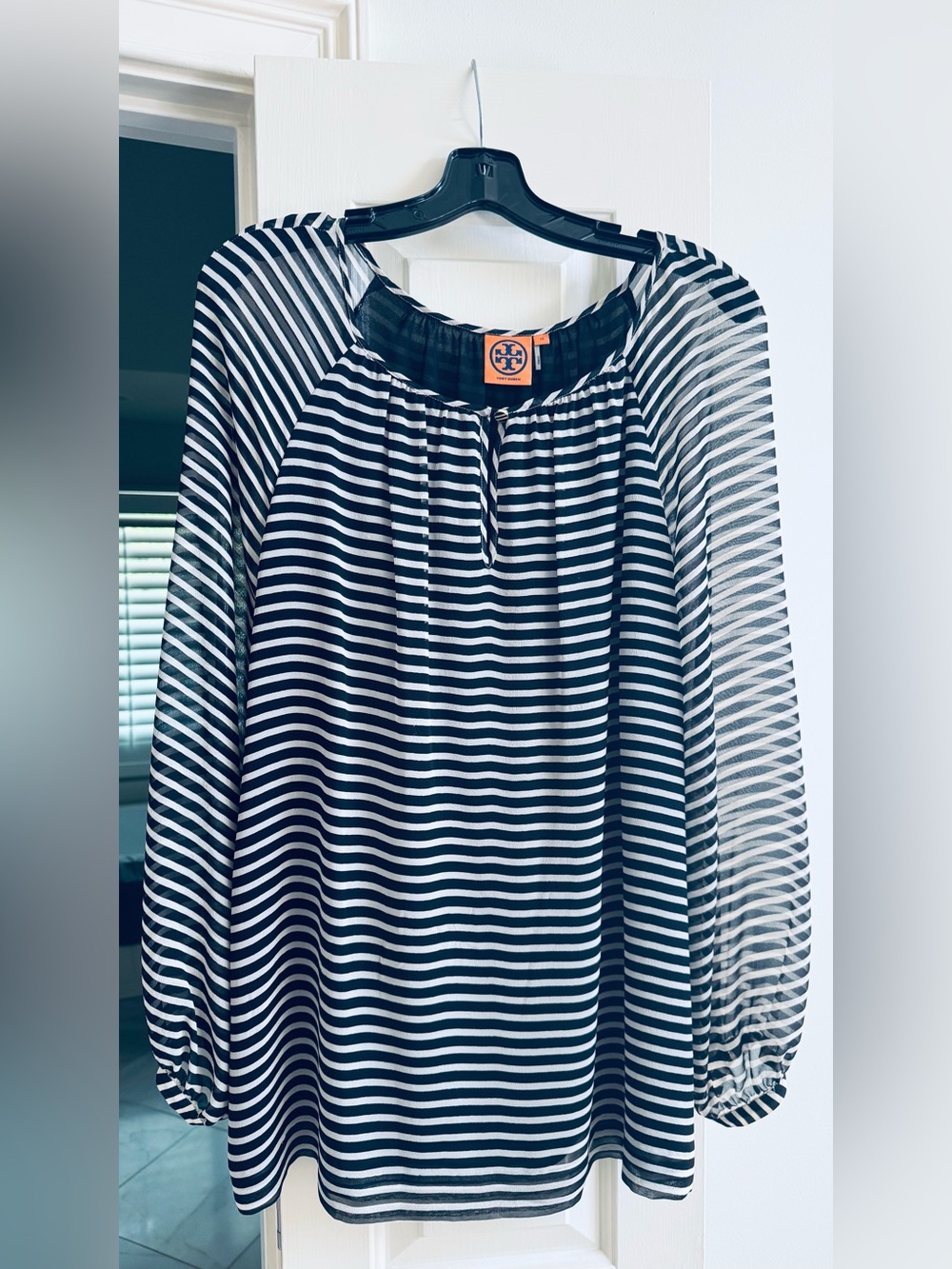Tory Burch Black and White Striped Long-Sleeve Blouse